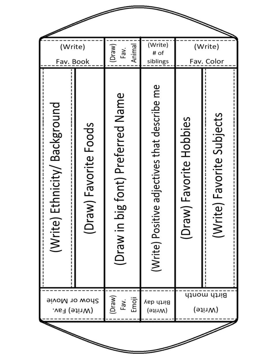 Face mask template, US spelling: students write ethnicity, adjectives and favorite subjects and draw name, foods, hobbies