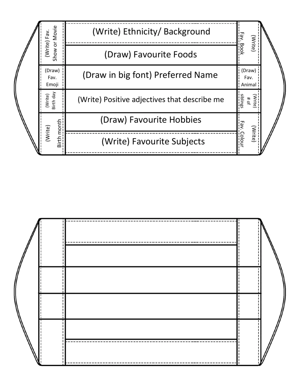 Foldable mask with British prompts like favourite colour, birth month and fav. emoji, above a blank mask copy