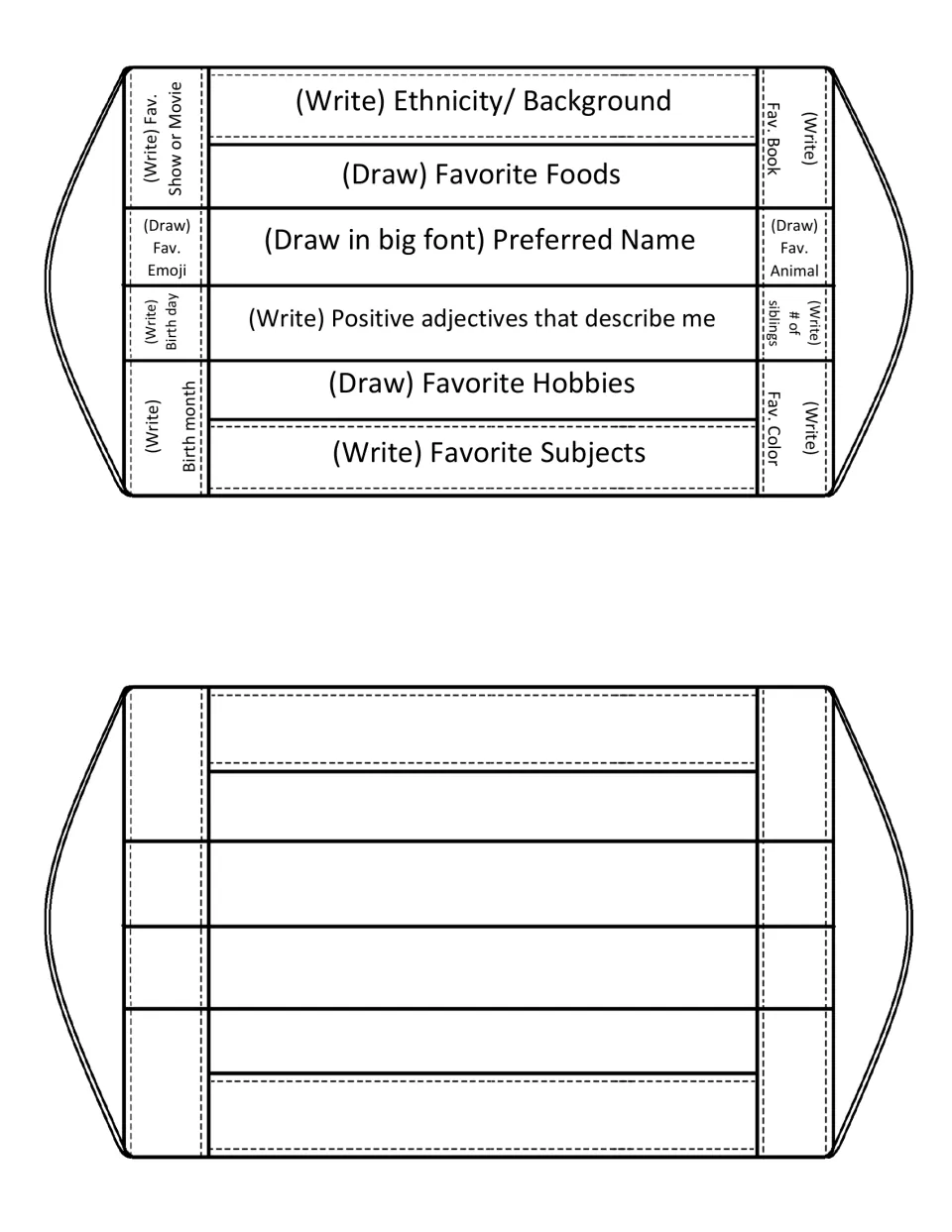 Foldable mask with US prompts like favorite color, number of siblings and fav. animal, above a blank mask copy