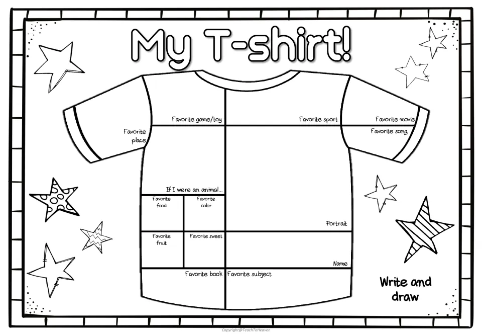 My T-shirt! all-about-me page: students write and draw favorites like food, book, sport and song, plus a portrait and name