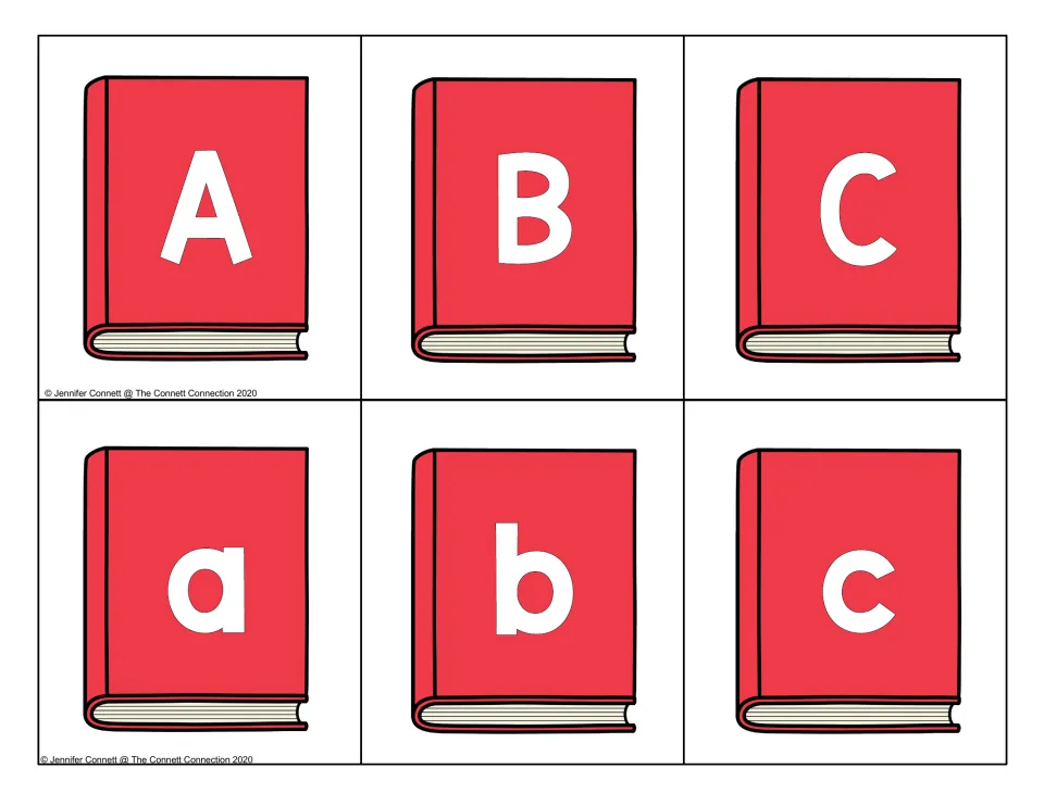 Letters A, B and C: six red book cards show capital A B C on top and lowercase a b c below for upper/lowercase matching
