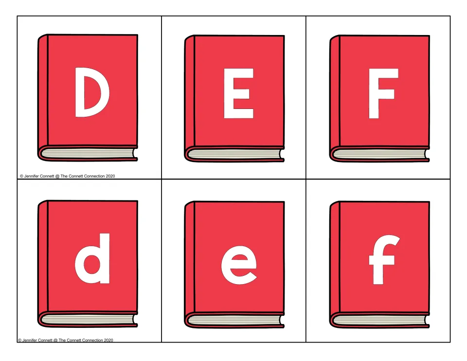 Letters D, E and F: red book cards pair capitals D E F with lowercase d e f so children can match letter partners