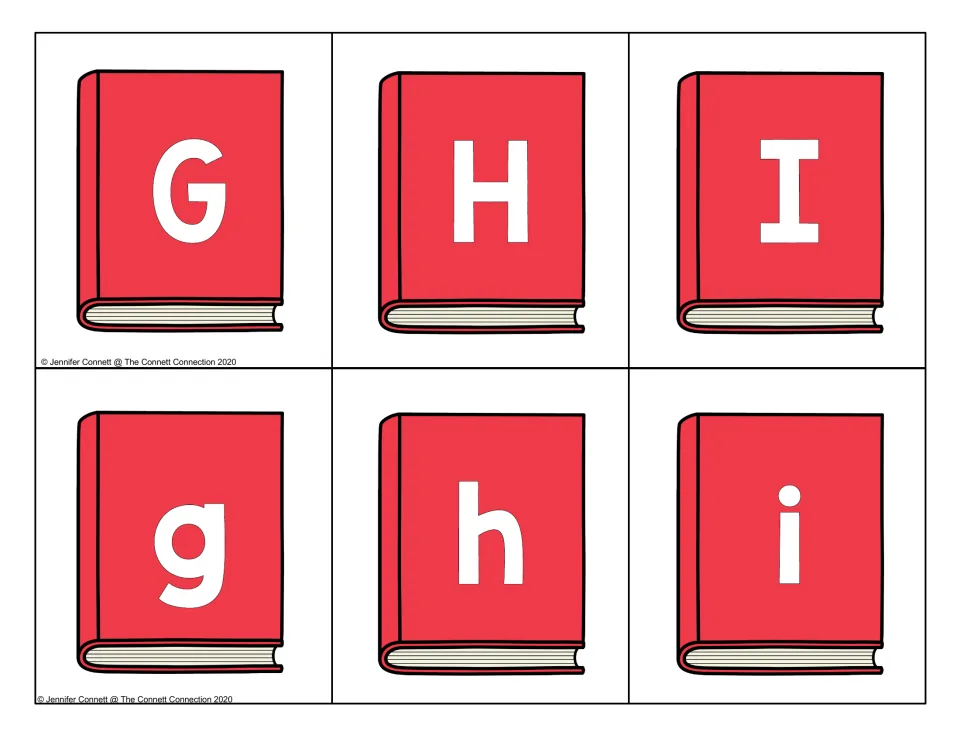 Letters G, H and I: capital and lowercase cards on red books for naming letters and matching g, h and i to their capitals