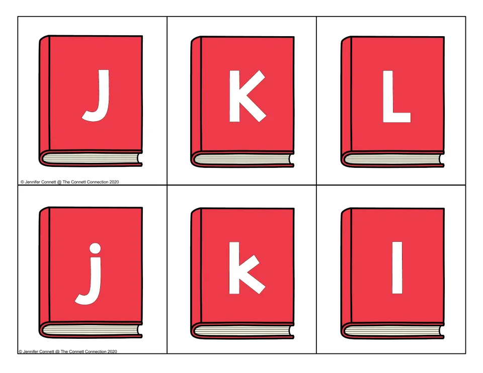 Letters J, K and L: red book cards with uppercase J K L and lowercase j k l for letter recognition and case matching