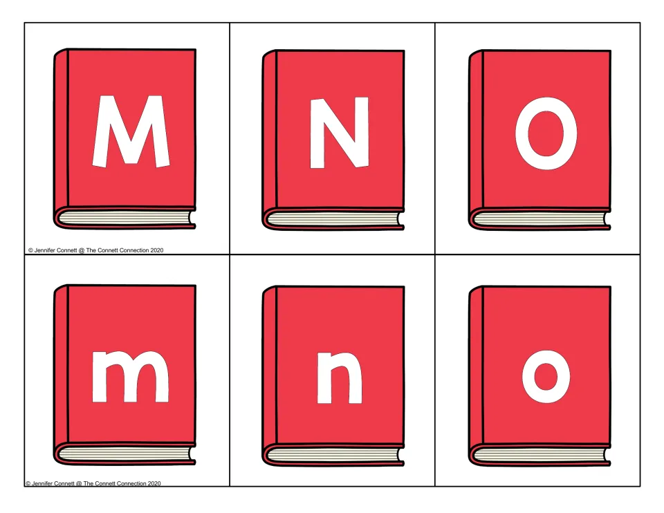 Letters M, N and O: book-shaped cards show capitals M N O over lowercase m n o, ready to cut apart for pairing practice