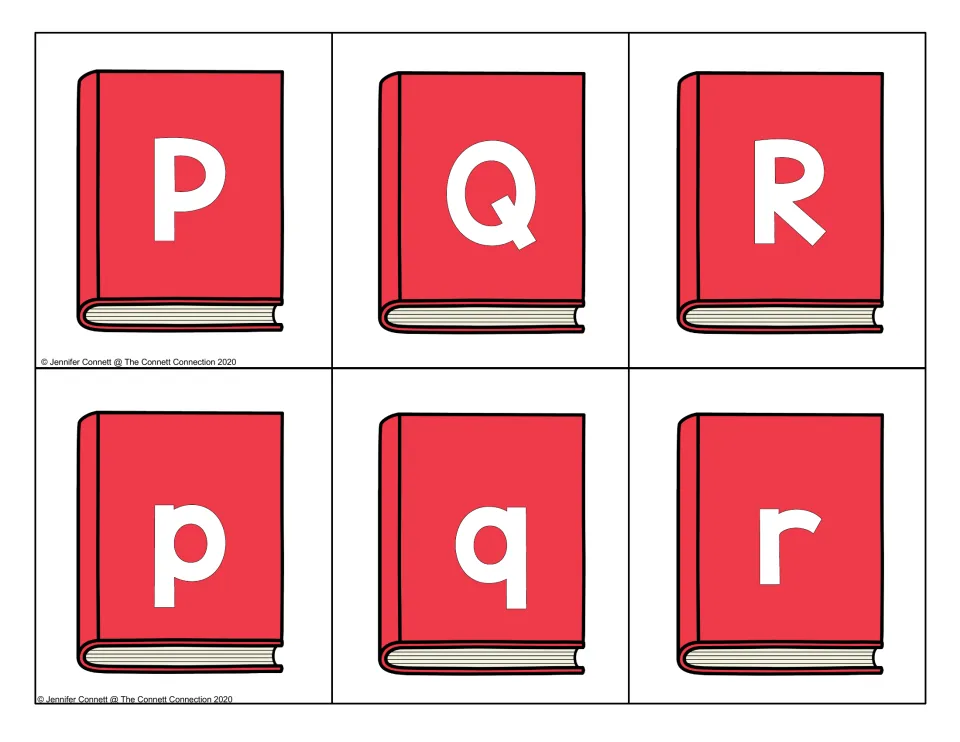 Letters P, Q and R: uppercase and lowercase red book cards for telling apart look-alike letters such as p and q