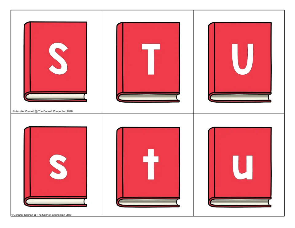 Letters S, T and U: red book cards with capitals S T U and lowercase s t u for recognizing and matching letter pairs
