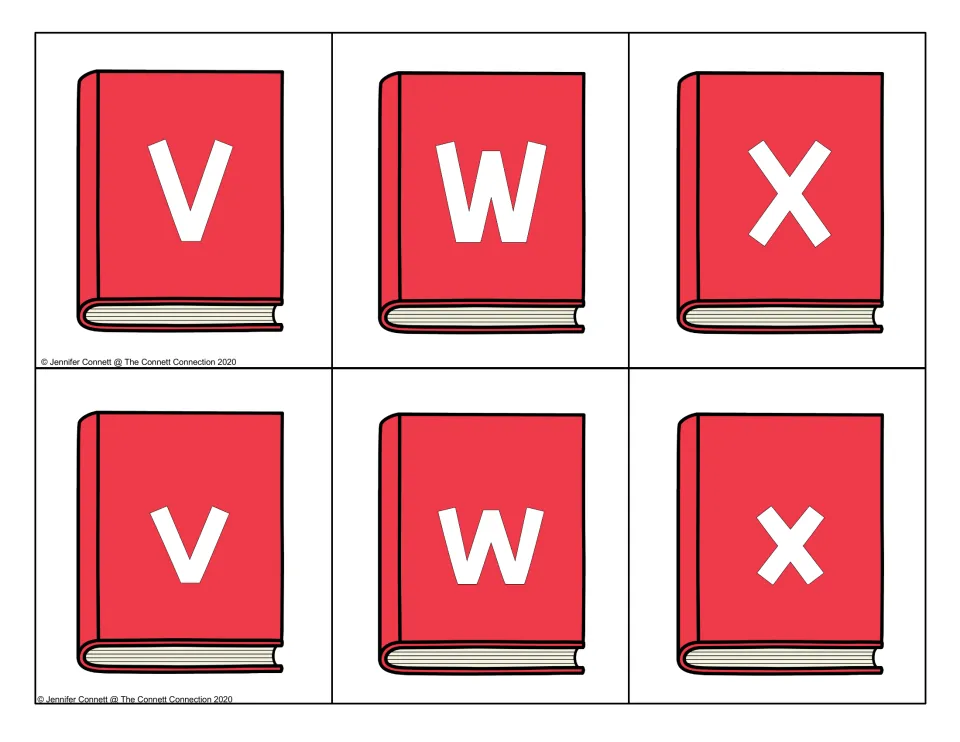 Letters V, W and X: capital V W X and lowercase v w x on red book cards, where the two cases share similar shapes