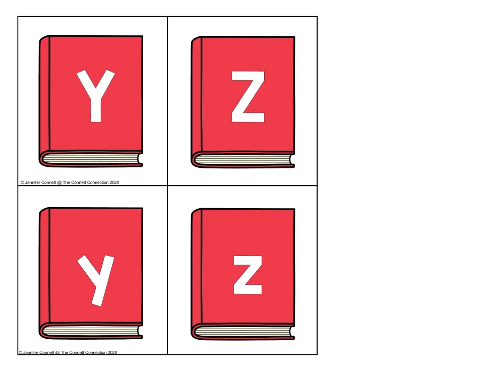 Letters Y and Z: final four red book cards show capital Y and Z above lowercase y and z to finish the alphabet pairs