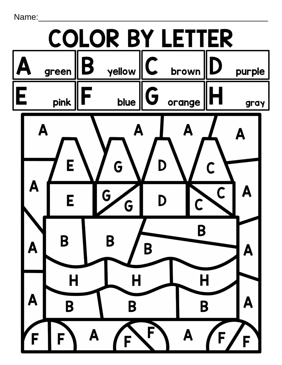Capital-letter coloring worksheet 1: a box of crayons coded A–H, with A for green and B for yellow