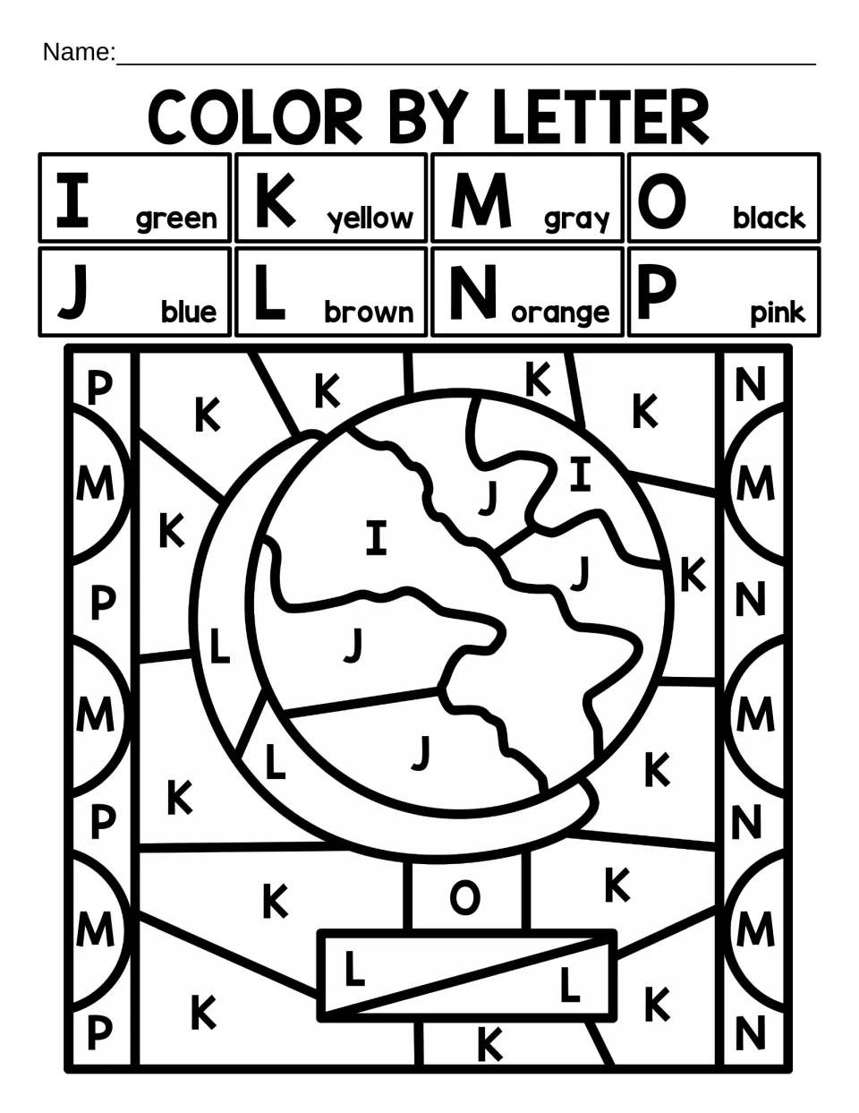 Capital-letter coloring worksheet 2: a globe coded I–P, with I for green, J for blue and K for yellow