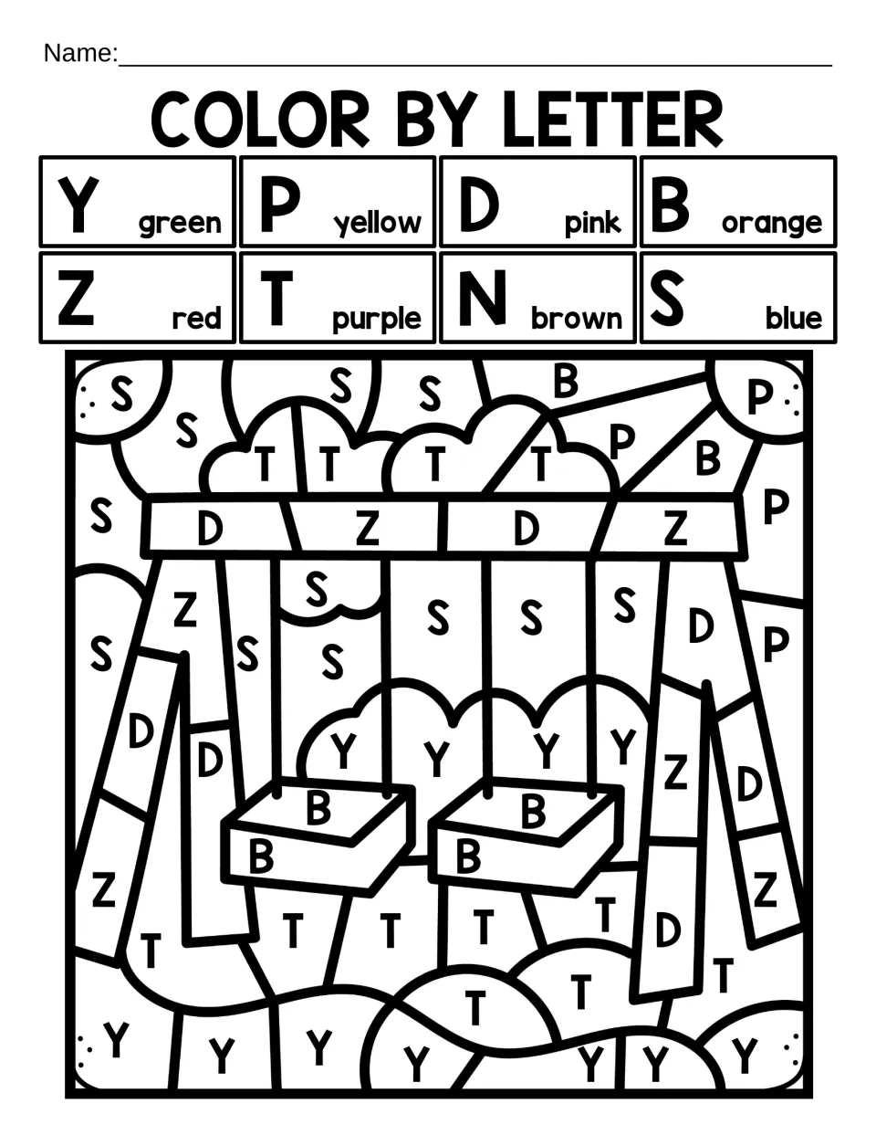 Capital-letter coloring worksheet 4: a swing set coded Y, Z, P, T, D, N, B and S, with Z for red