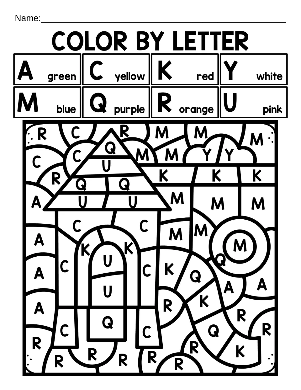 Capital-letter coloring worksheet 5: a playground tower and slide coded A, C, K, Y, M, Q, R and U