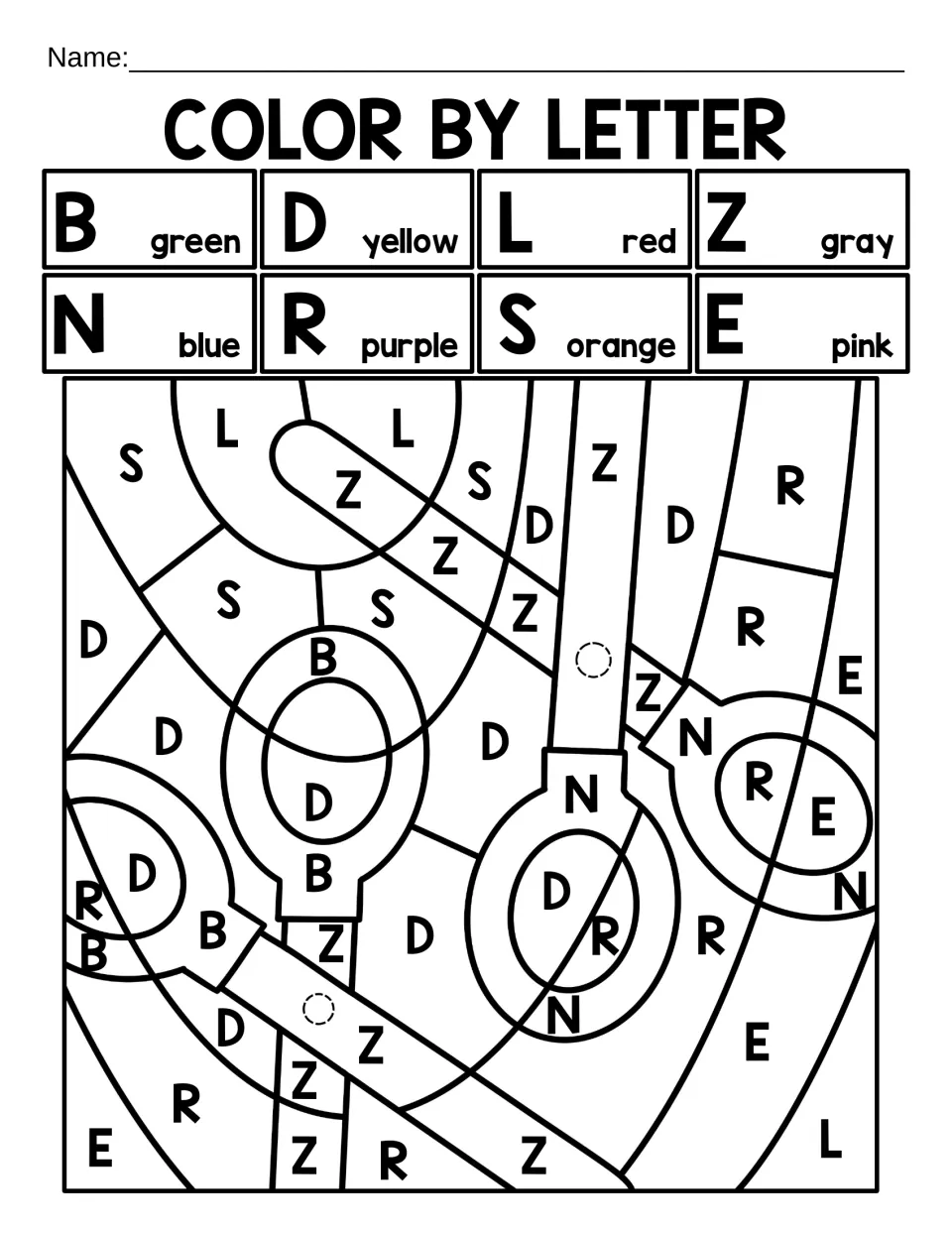 Capital-letter coloring worksheet 6: scissors coded B, D, L, Z, N, R, S and E, with Z for gray