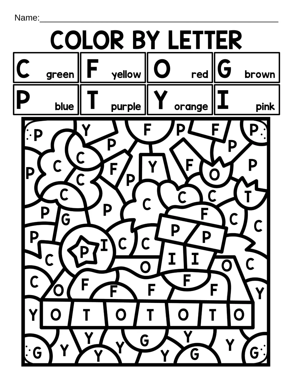 Capital-letter coloring worksheet 7: art supplies coded C, F, O, G, P, T, Y and I, with C for green