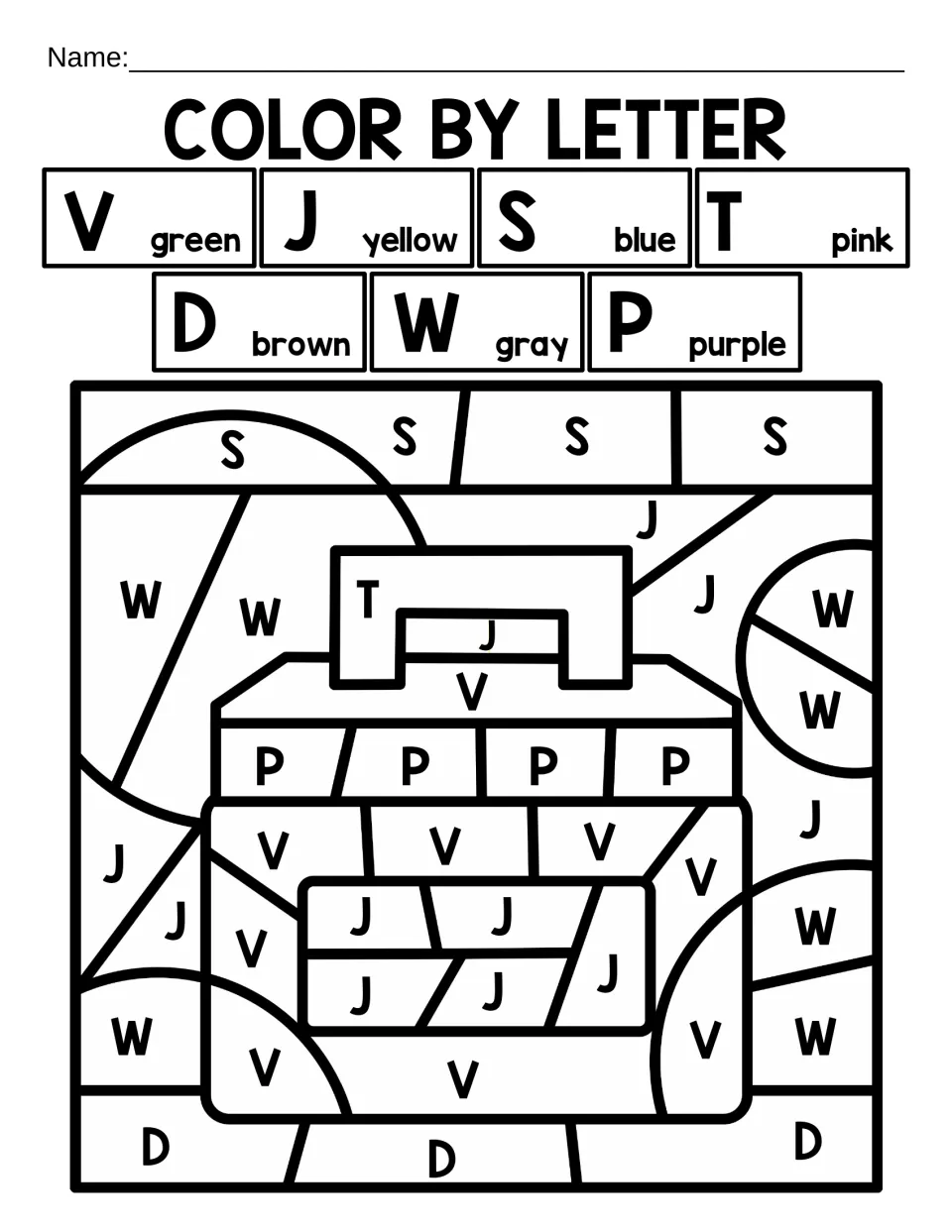 Capital-letter coloring worksheet 8: a lunchbox coded V, J, S, T, D, W and P, with V for green
