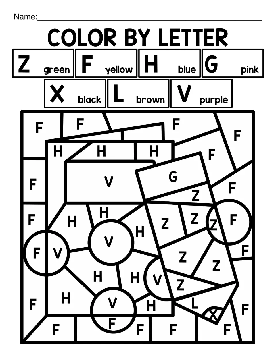 Capital-letter coloring worksheet 9: a notebook and pencil coded Z, F, H, G, X, L and V