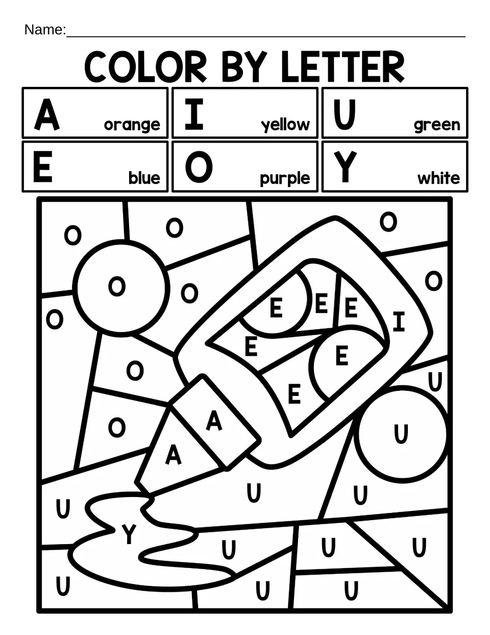 Capital-letter coloring worksheet 10: a glue bottle coded A, E, I, O, U and Y, with Y for white