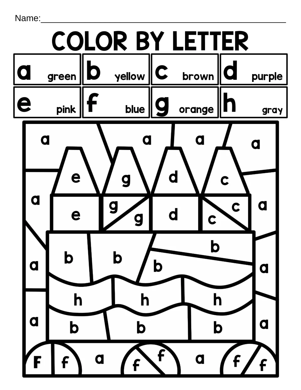 Color by letter a to h: students match lowercase a, b, c, d, e, f, g and h to a color key to reveal a box of crayons