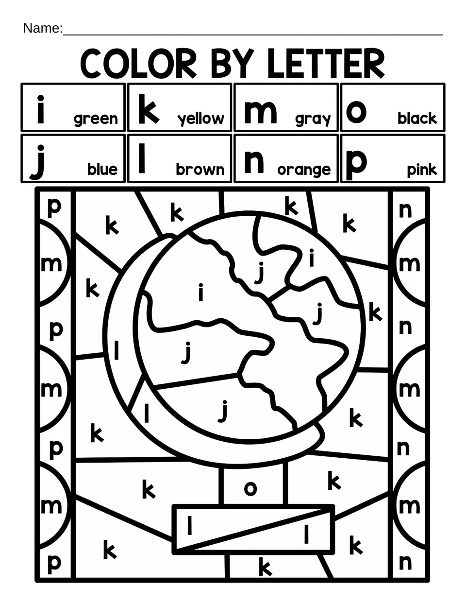 Color by letter i to p: students color each space by its lowercase letter, using the key, to reveal a classroom globe