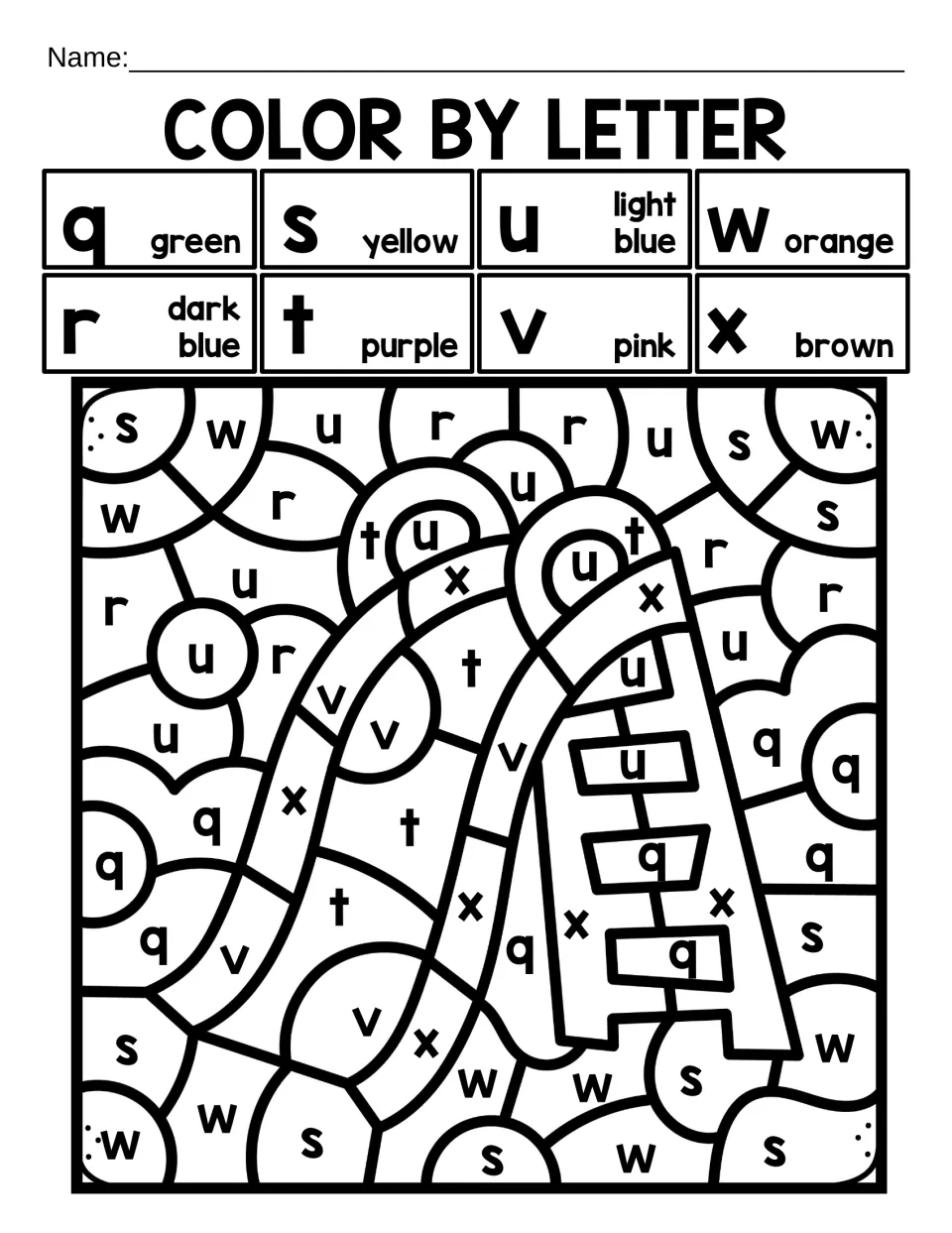 Color by letter q to x: students find lowercase q, r, s, t, u, v, w and x and color each space to show a playground slide
