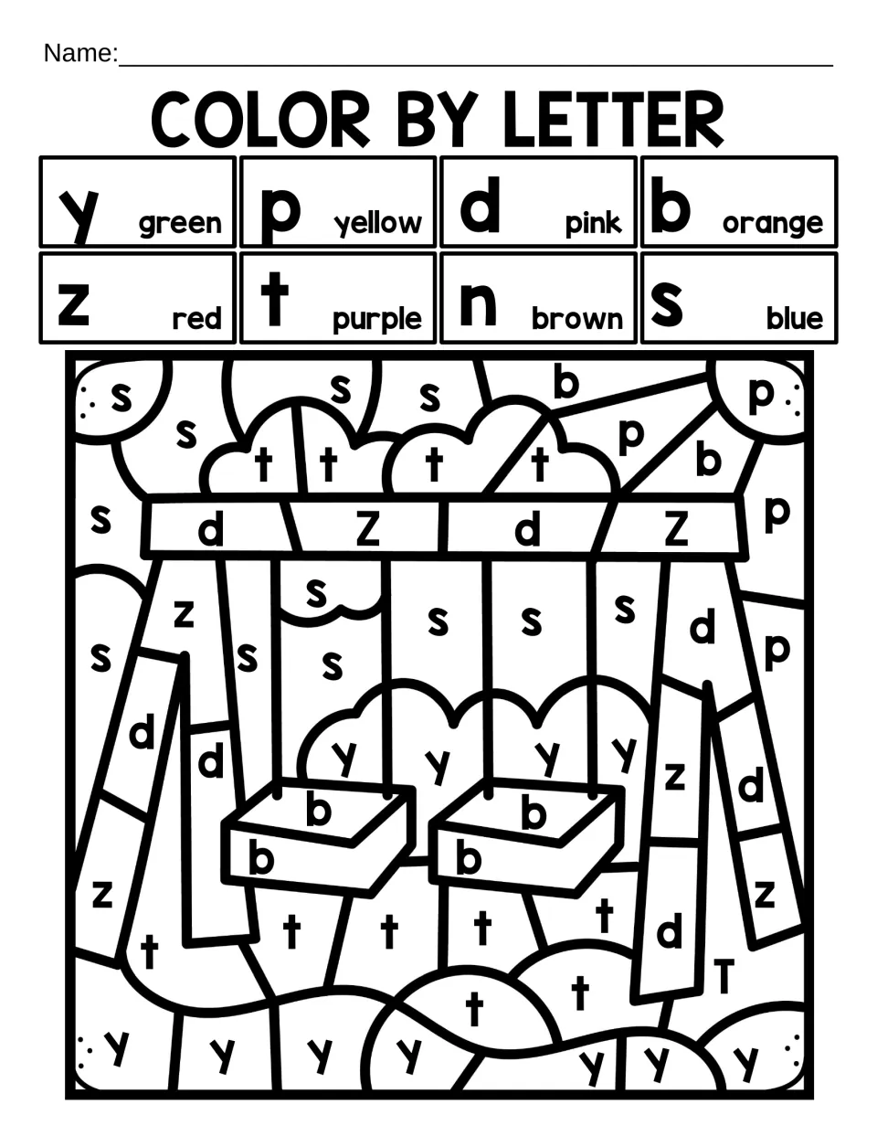 Color by letter review: students color spaces marked y, p, d, b, z, t, n and s to uncover a swing set on a playground
