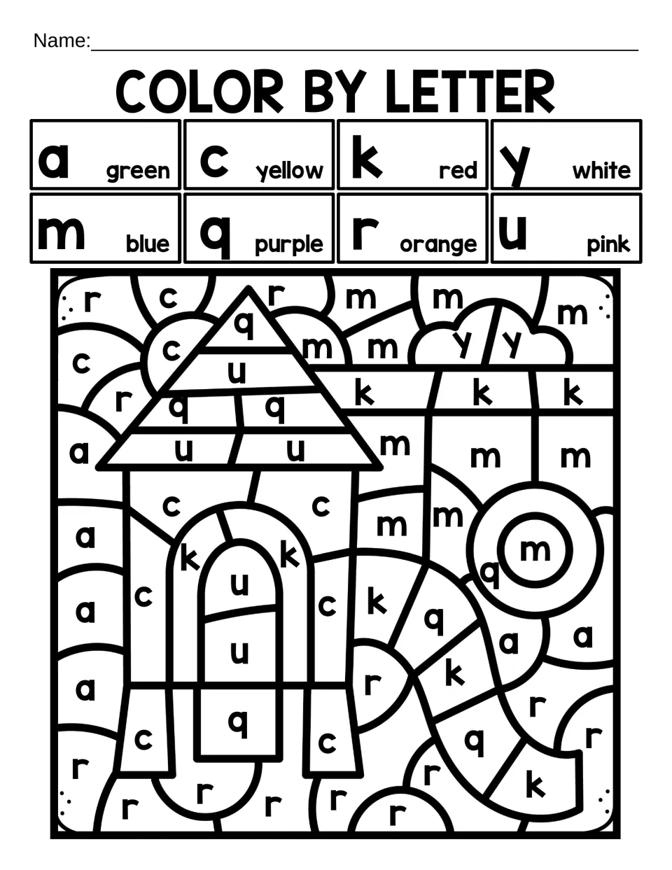 Letter coloring: students use a key for a, c, k, y, m, q, r and u to color a building with a pointed roof and path