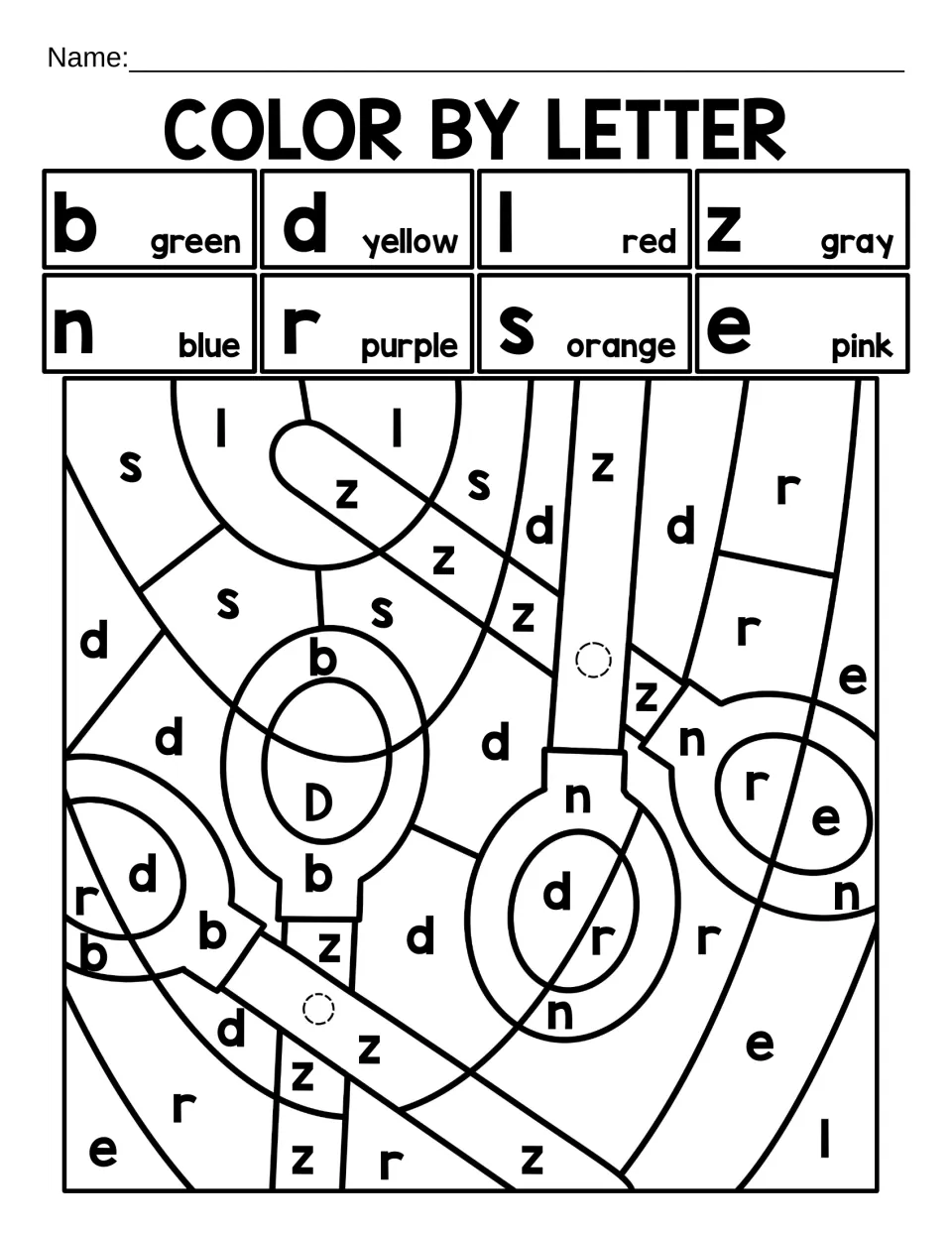 Color by letter with b, d, l, z, n, r, s and e: students color each lettered space to reveal school scissors