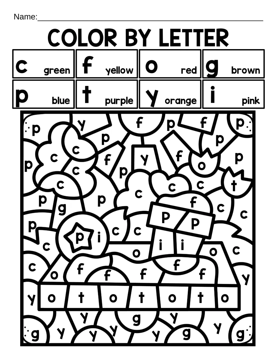 Letter-to-color matching: students color spaces labeled c, f, o, g, p, t, y and i by the key to reveal a hidden picture