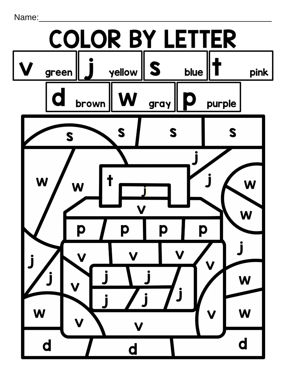 Color by letter with seven letters: students color v, j, s, t, d, w and p spaces using the key to show a bag with a handle