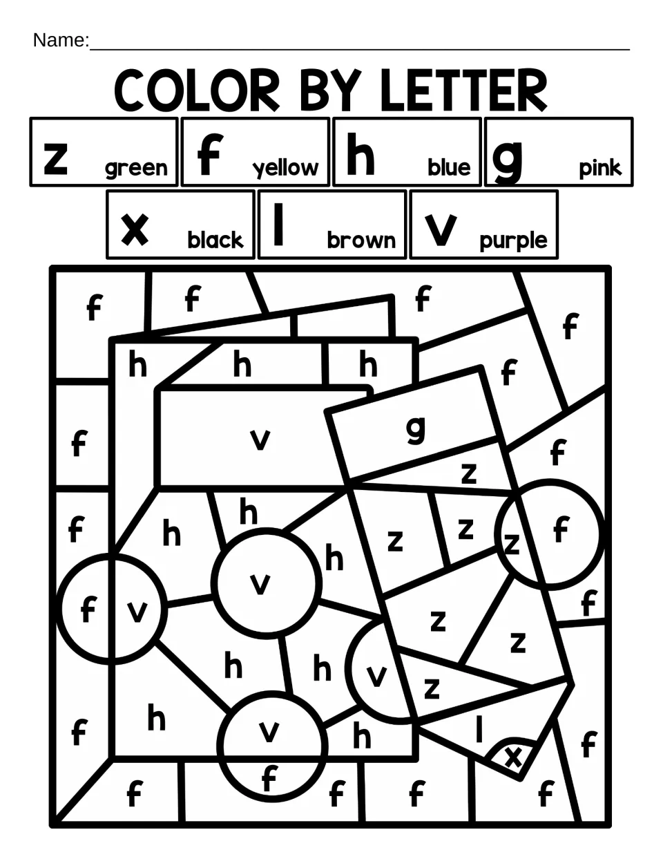 Color by letter z, f, h, g, x, l and v: students color each space by its letter to reveal a pencil with a black tip