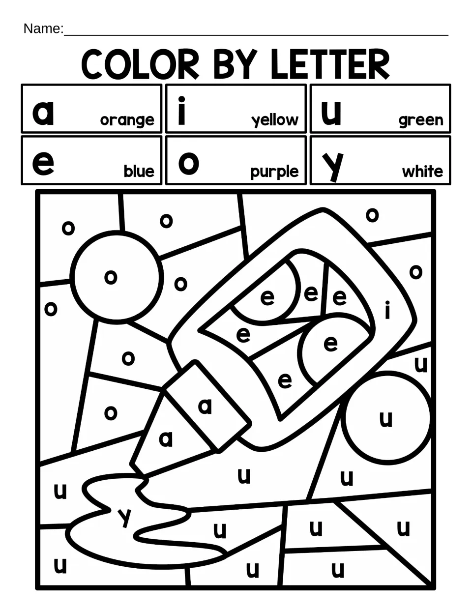 Vowel color by letter: students color spaces marked a, e, i, o, u and y with the key to reveal a glue bottle squeezing glue