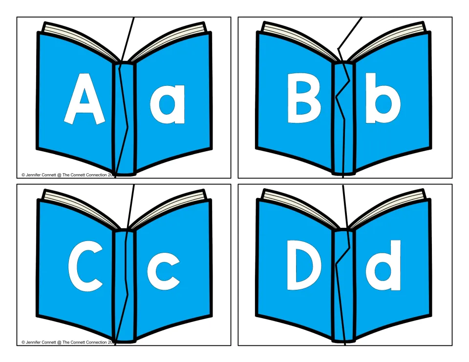 Letter matching puzzles A to D: students cut each open book along the spine and join uppercase A, B, C, D to lowercase