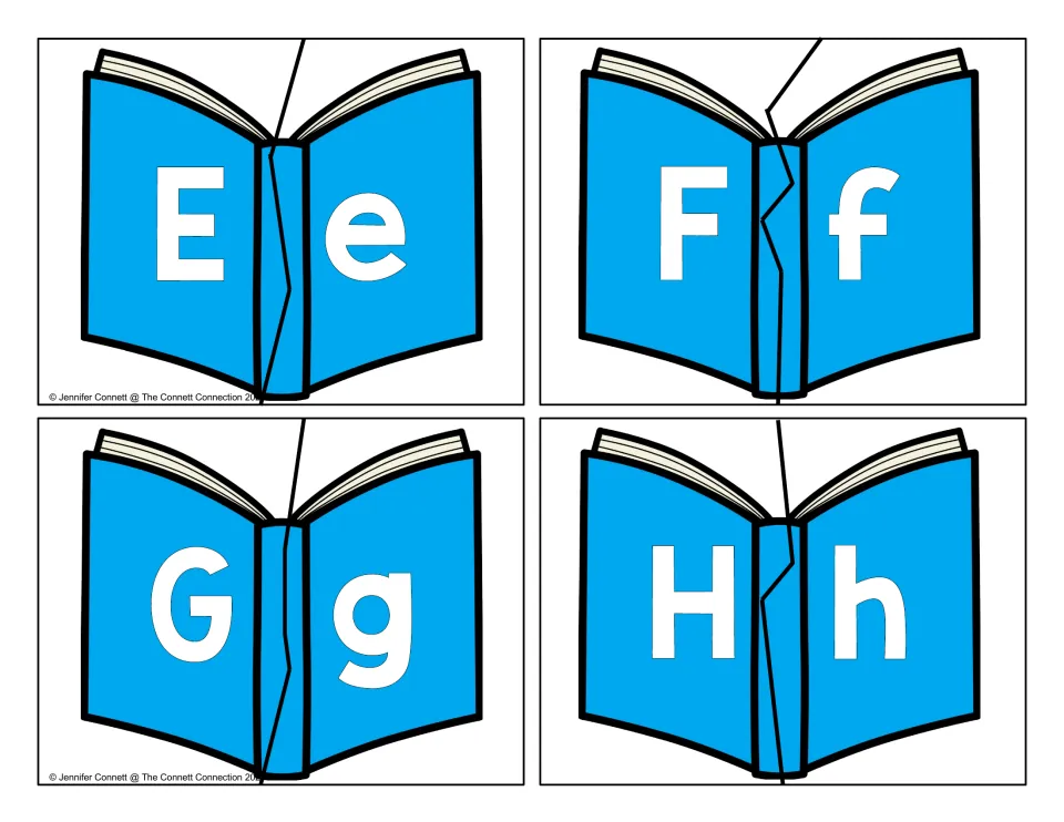 Letter matching puzzles E to H: two-piece open-book cards pairing uppercase E, F, G, H with the matching lowercase letter