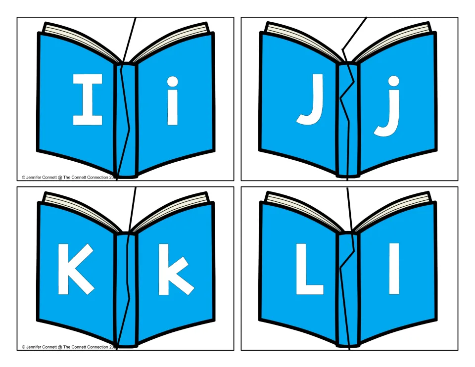 Letter matching puzzles I to L: students join book halves to pair capital I, J, K, L with lowercase i, j, k, l