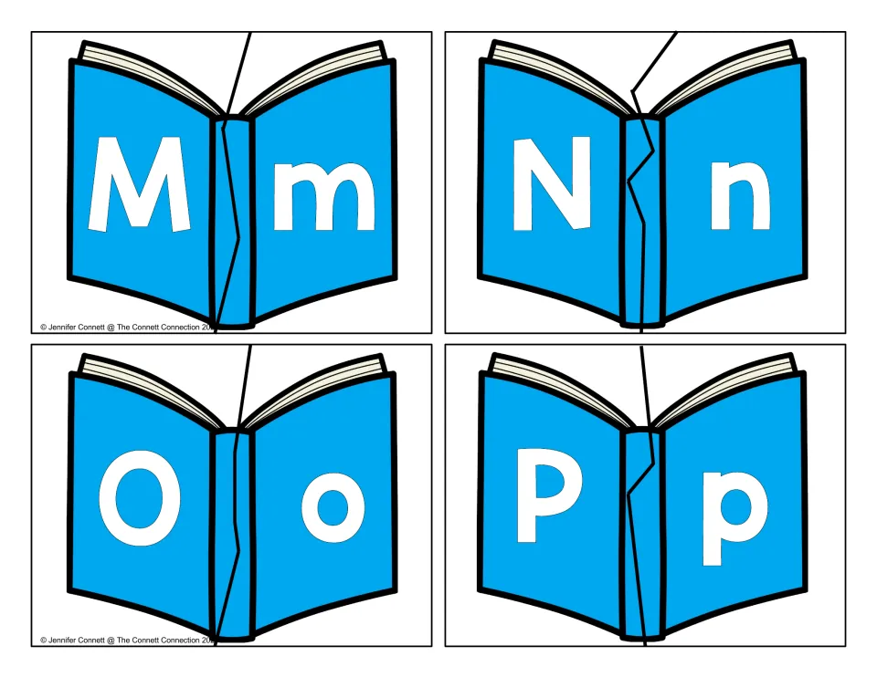 Letter matching puzzles M to P: open-book cards split at the spine to match uppercase M, N, O, P with lowercase partners