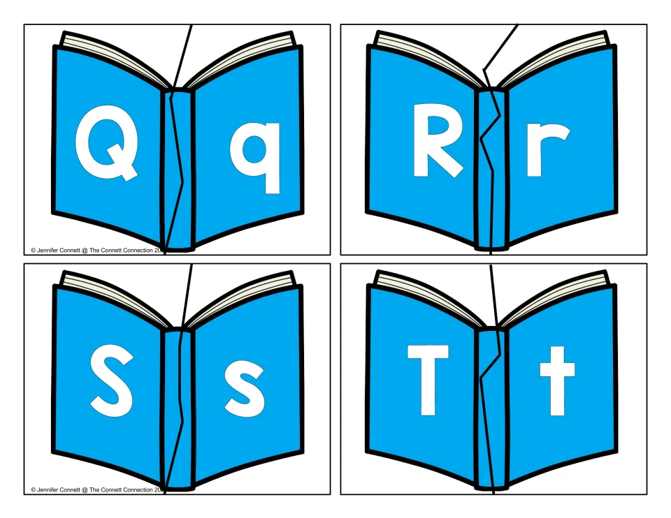 Letter matching puzzles Q to T: students fit two book halves together to pair capital Q, R, S, T with lowercase q, r, s, t
