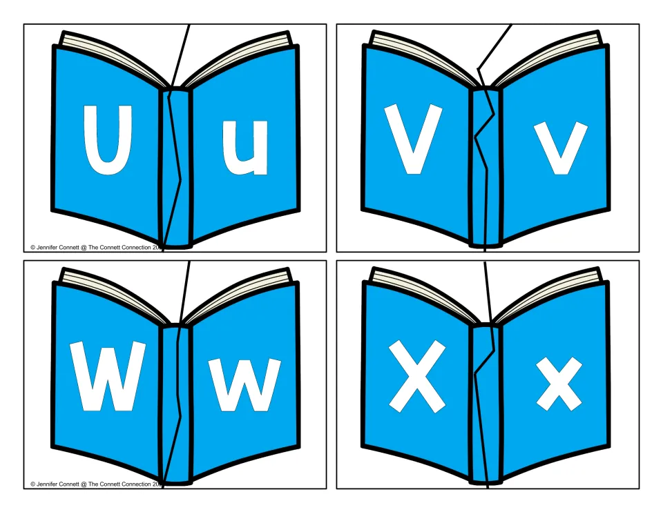 Letter matching puzzles U to X: two-piece book cards matching uppercase U, V, W, X to their lowercase letters