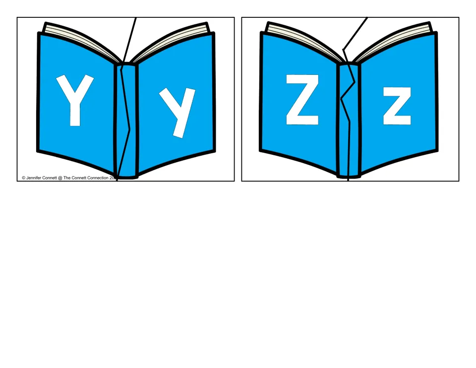 Letter matching puzzles Y and Z: final two open-book cards pairing uppercase Y and Z with lowercase y and z