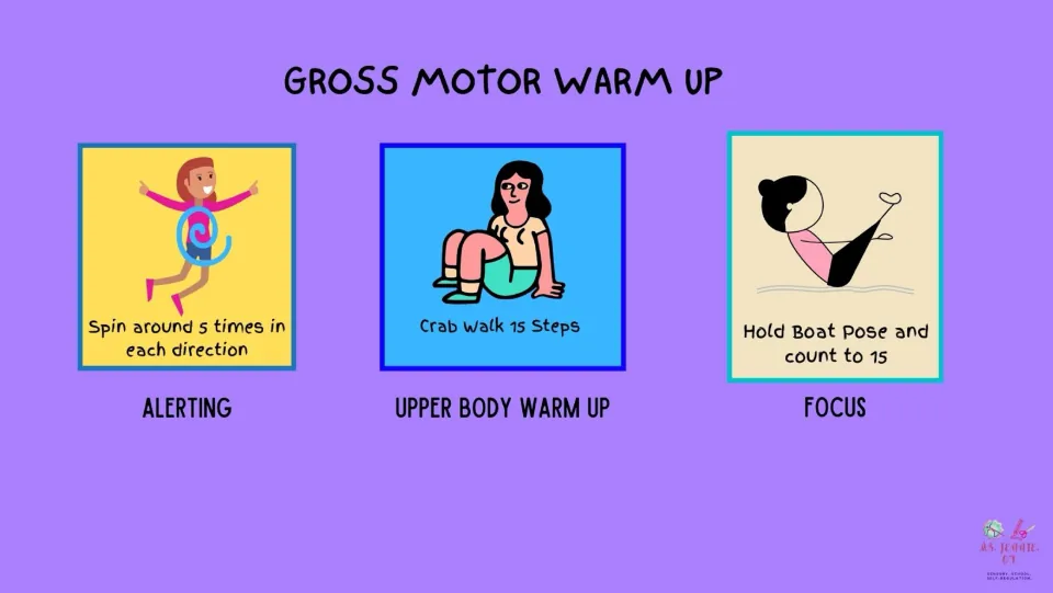 Gross motor warm-up slide: spin five times each way, crab walk 15 steps, and hold boat pose for a count of 15