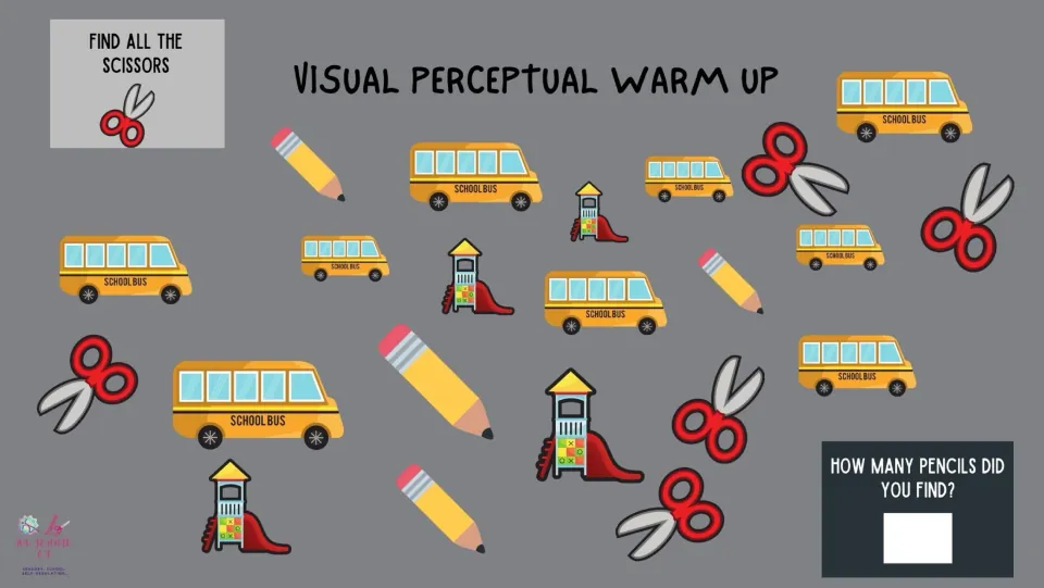 Visual perceptual warm-up asks students to find all the scissors and count pencils among school-themed objects