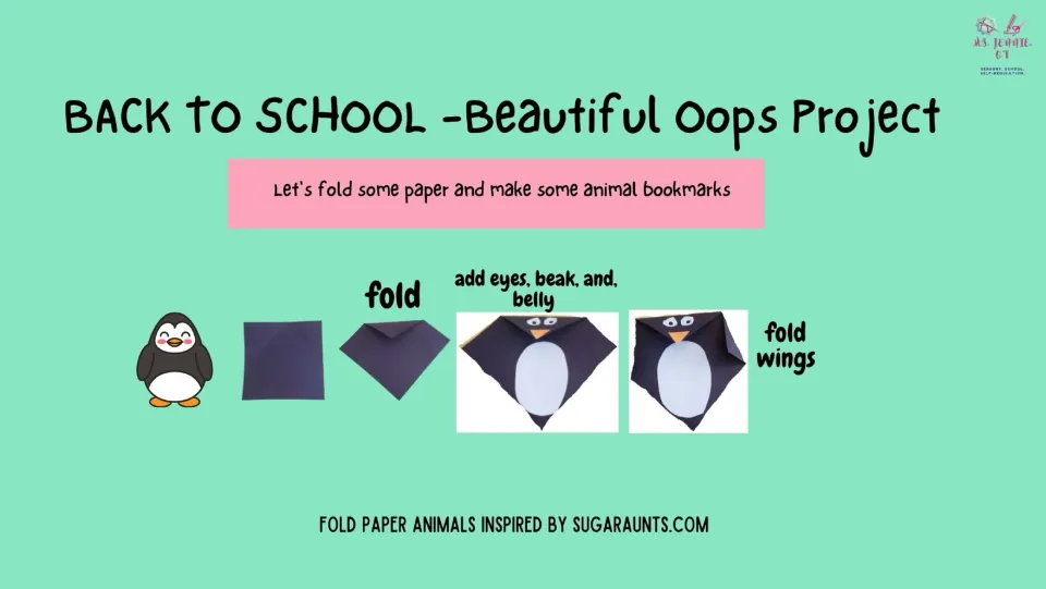Penguin bookmark tutorial shows folding paper, adding eyes, a beak, and a belly, then folding the wings