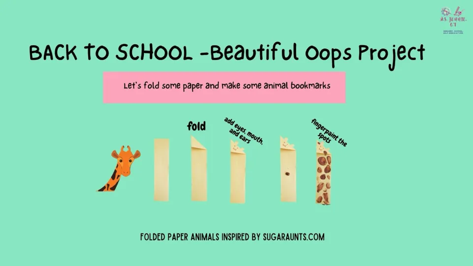 Giraffe bookmark tutorial shows folding a paper strip, adding eyes, mouth, and ears, and fingerpainting spots