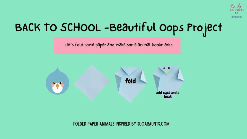 Bird bookmark tutorial shows a square of paper folded into a bird shape, with instructions to add eyes and a beak