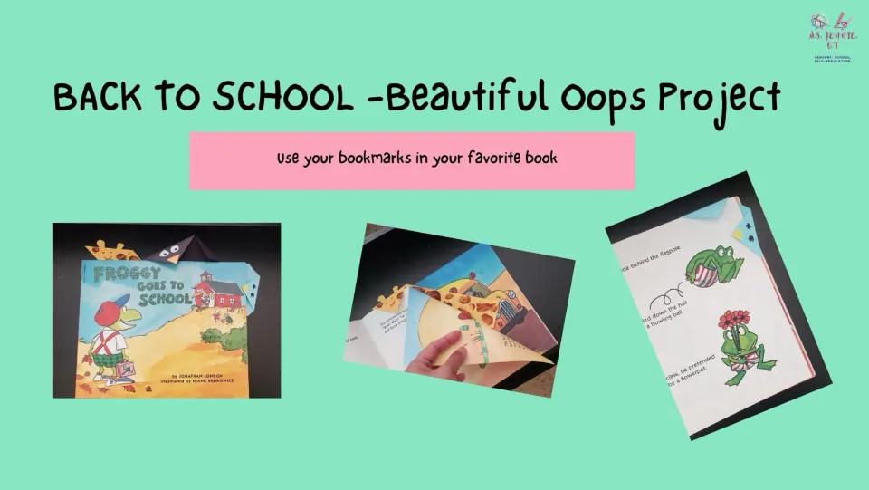Bookmark-use slide shows the finished animal bookmarks in a book and says to use them in your favorite book