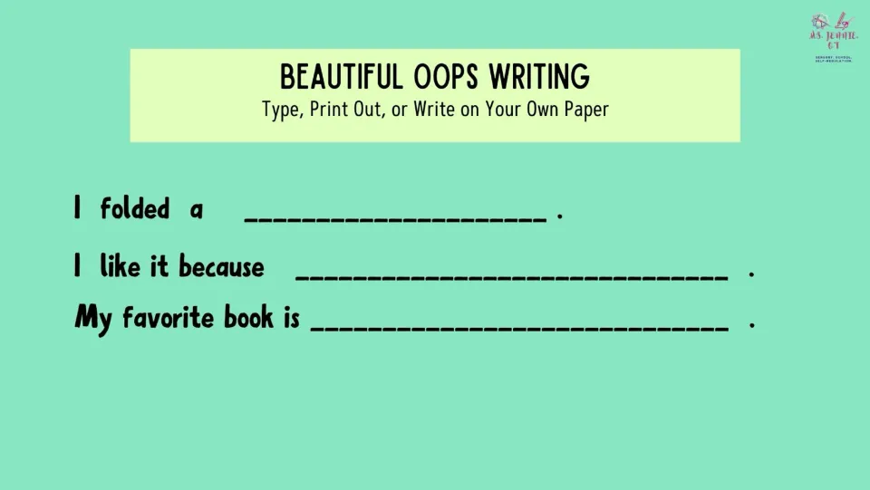 Writing response slide prompts students to finish 'I folded a,' 'I like it because,' and 'My favorite book is'