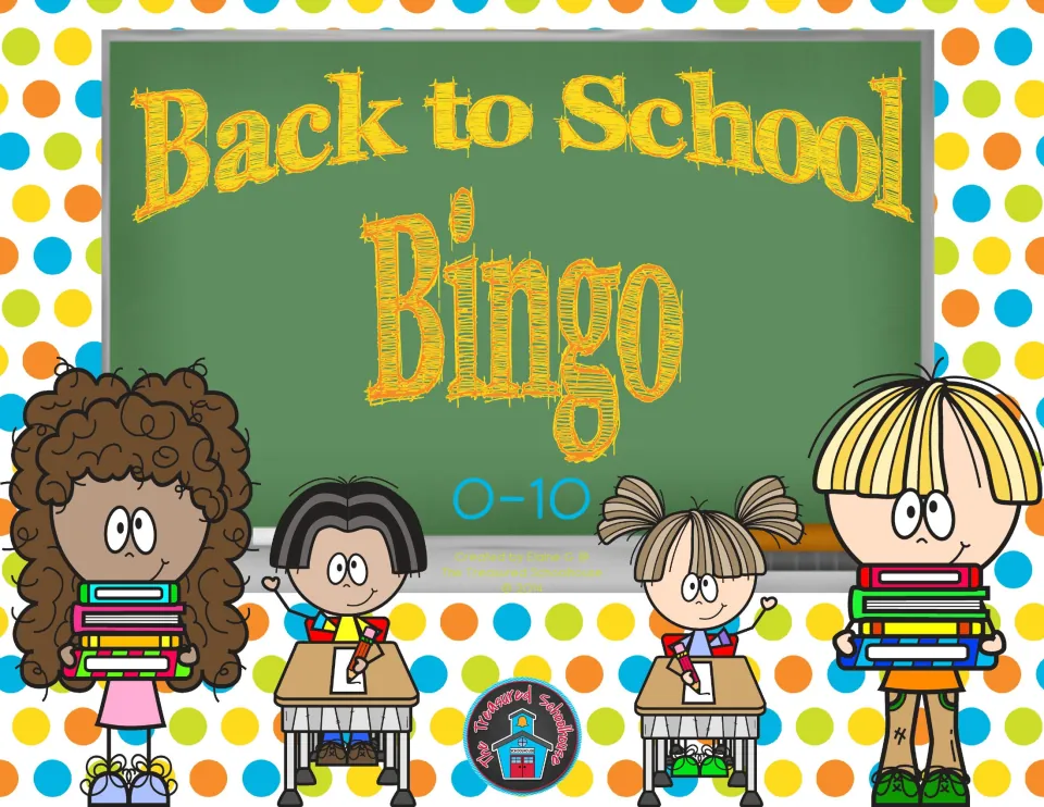 Back to School Bingo 0-10 cover: chalkboard title over cartoon students holding books and writing at desks