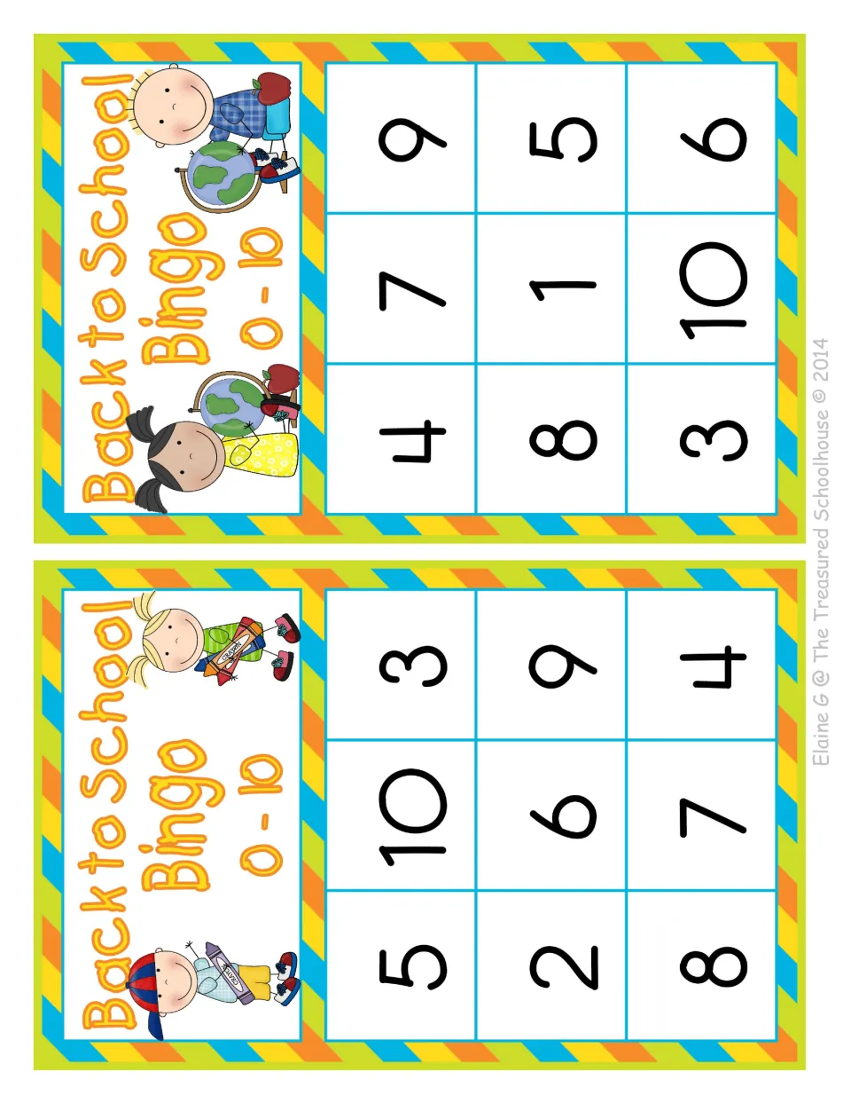 Number recognition 0-10: two nine-number bingo cards for covering called numerals; one skips 0 and 1, the other 0 and 2