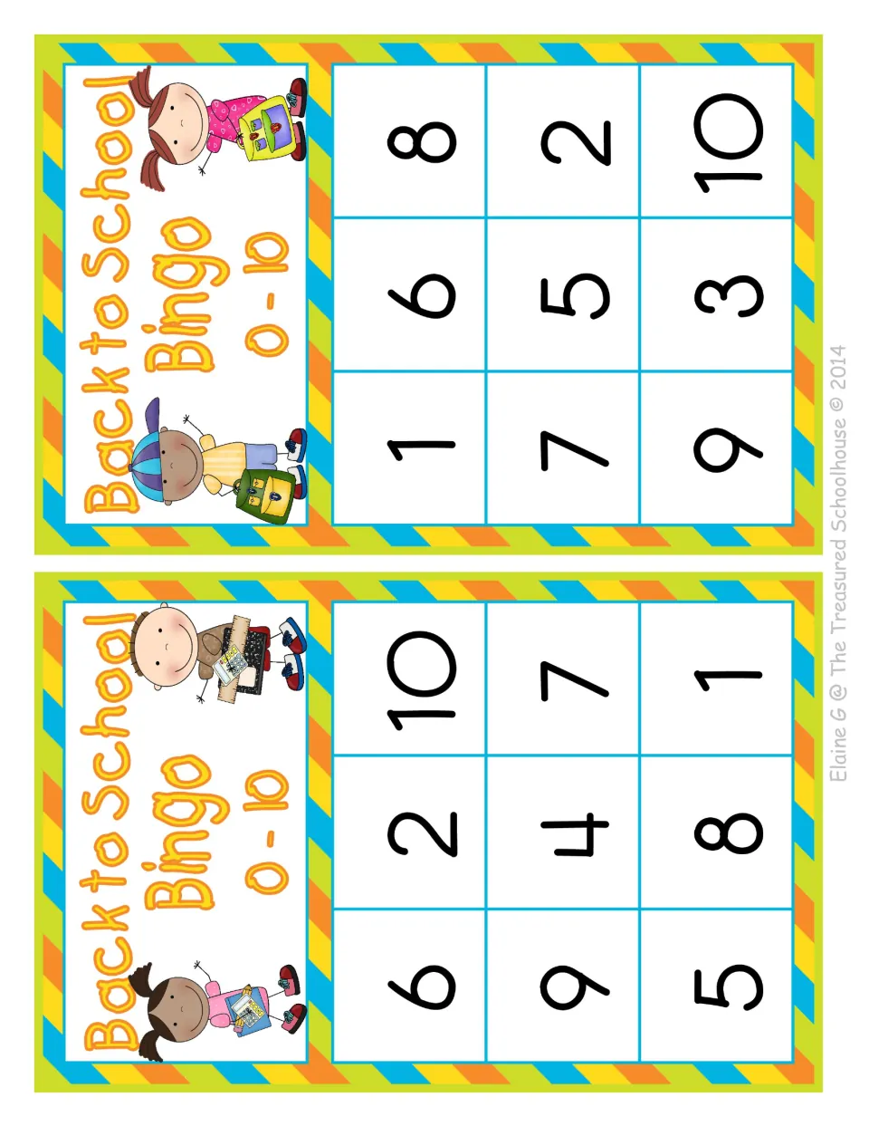 Numeral bingo 0-10: a pair of player cards with nine numbers each to mark when called; one leaves out 0 and 3, one 0 and 4