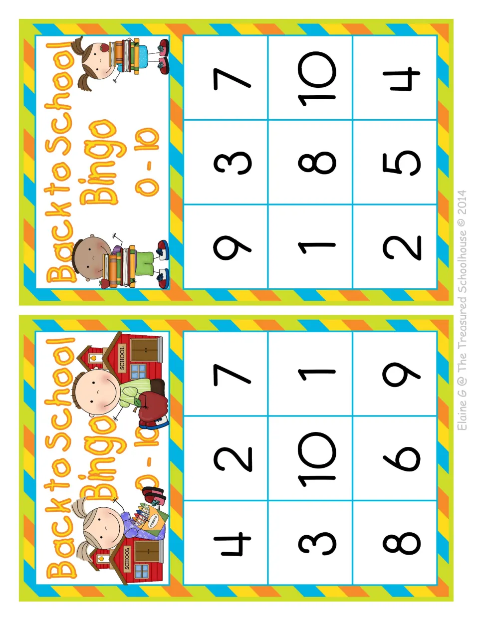 Identifying numbers 0-10: two school-themed player cards with nine numerals to cover; one omits 0 and 5, the other 0 and 6